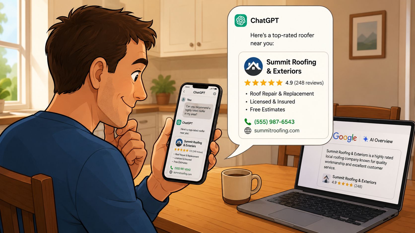A man using his smartphone to view roofing company results powered by AI search and chat technology.