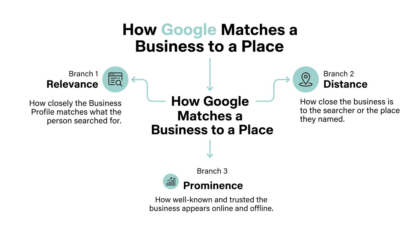 A diagram explaining that Google matches businesses to places based on relevance, distance, and prominence.
