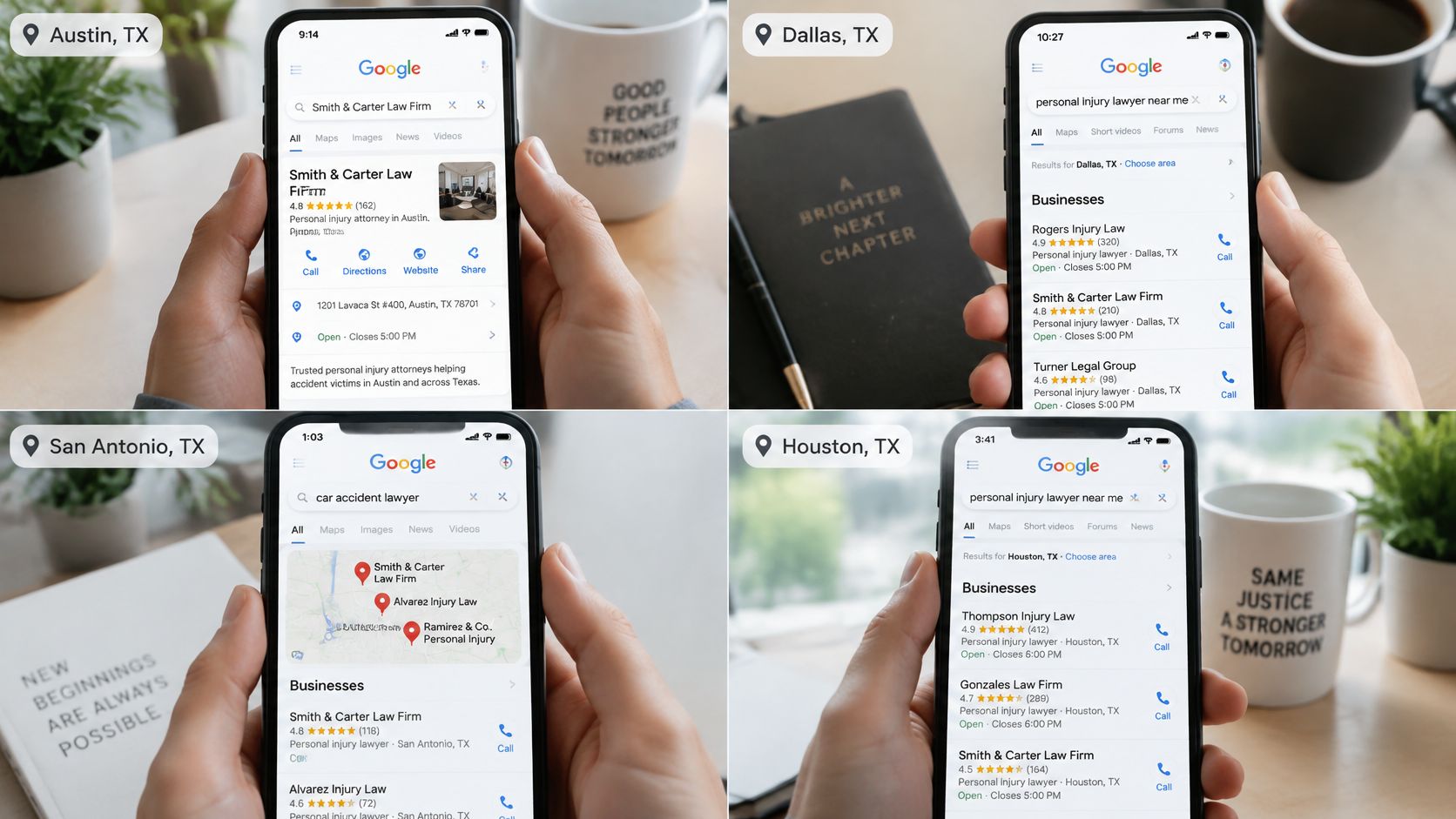 Four smartphone screens showing Google search results for personal injury lawyers in different Texas cities.