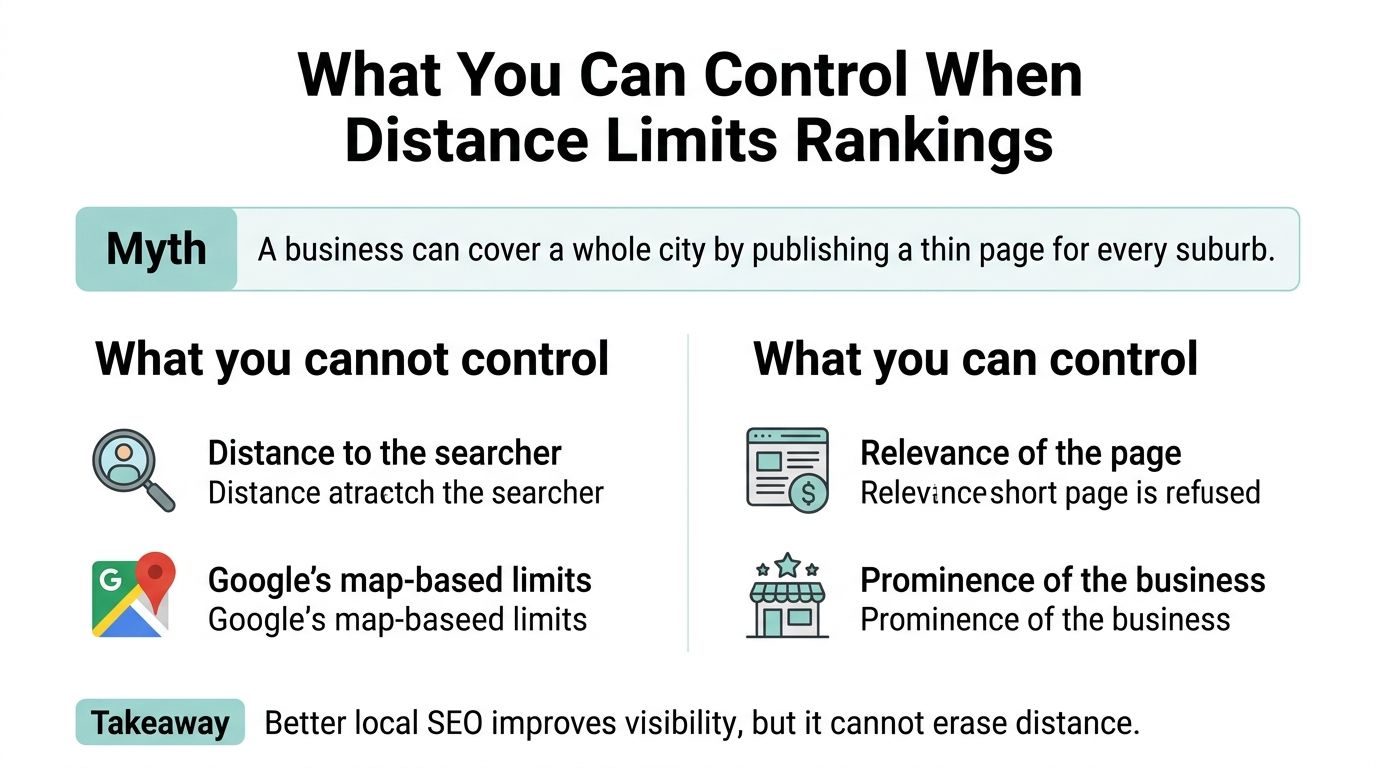 An infographic titled What You Can Control When Distance Limits Rankings, outlining uncontrollable and controllable SEO factors.