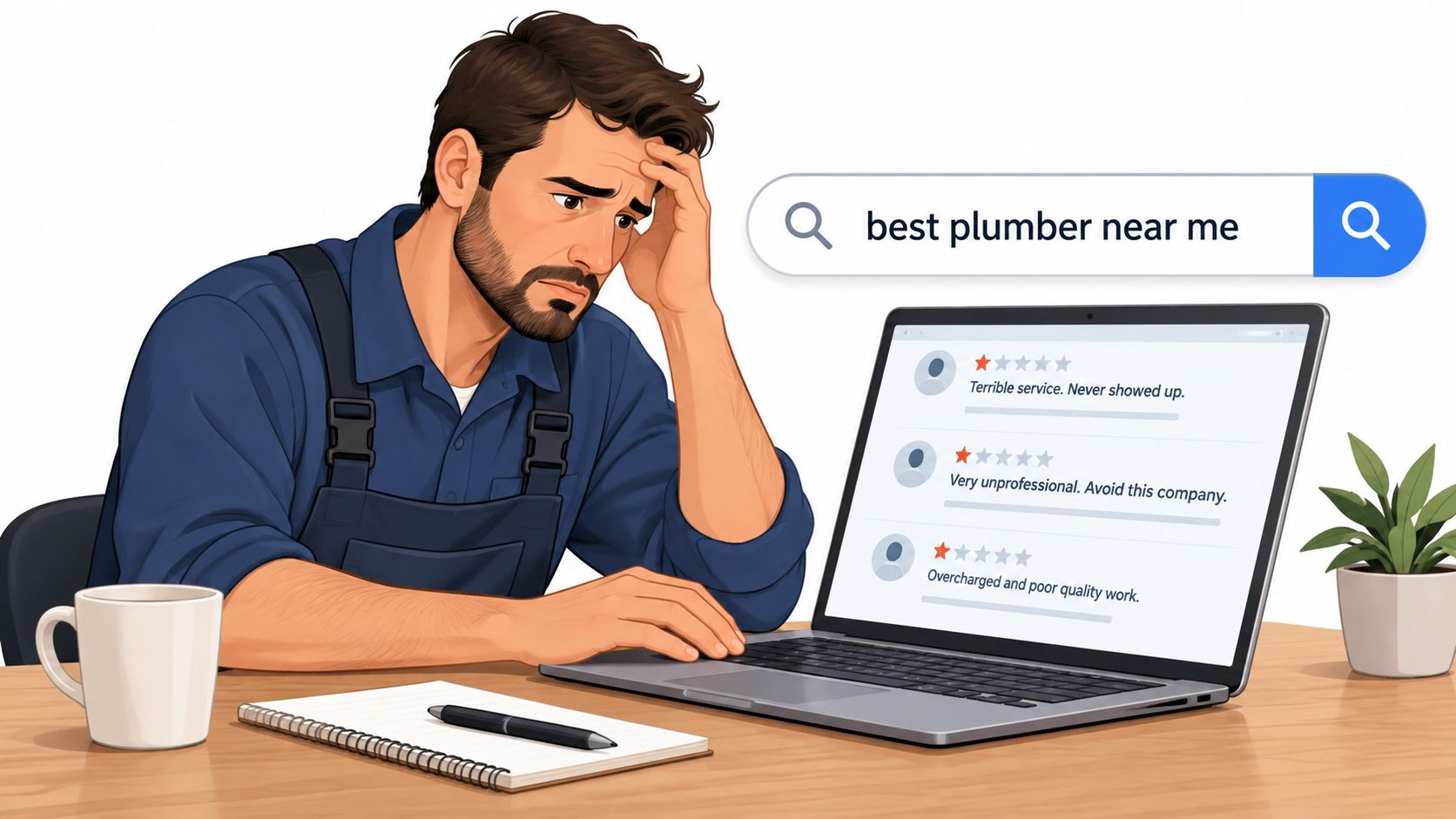 A concerned plumber looking at negative online business reviews on a laptop computer screen while working.