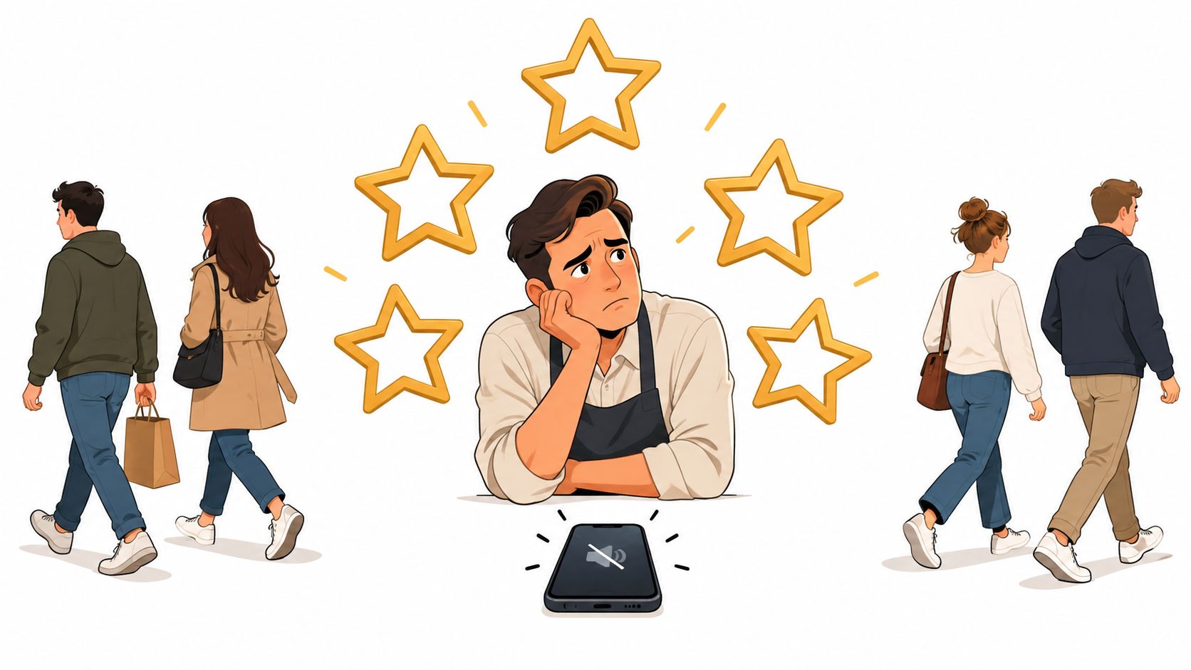 An illustration of a stressed person sitting behind a phone surrounded by five empty outlined stars.