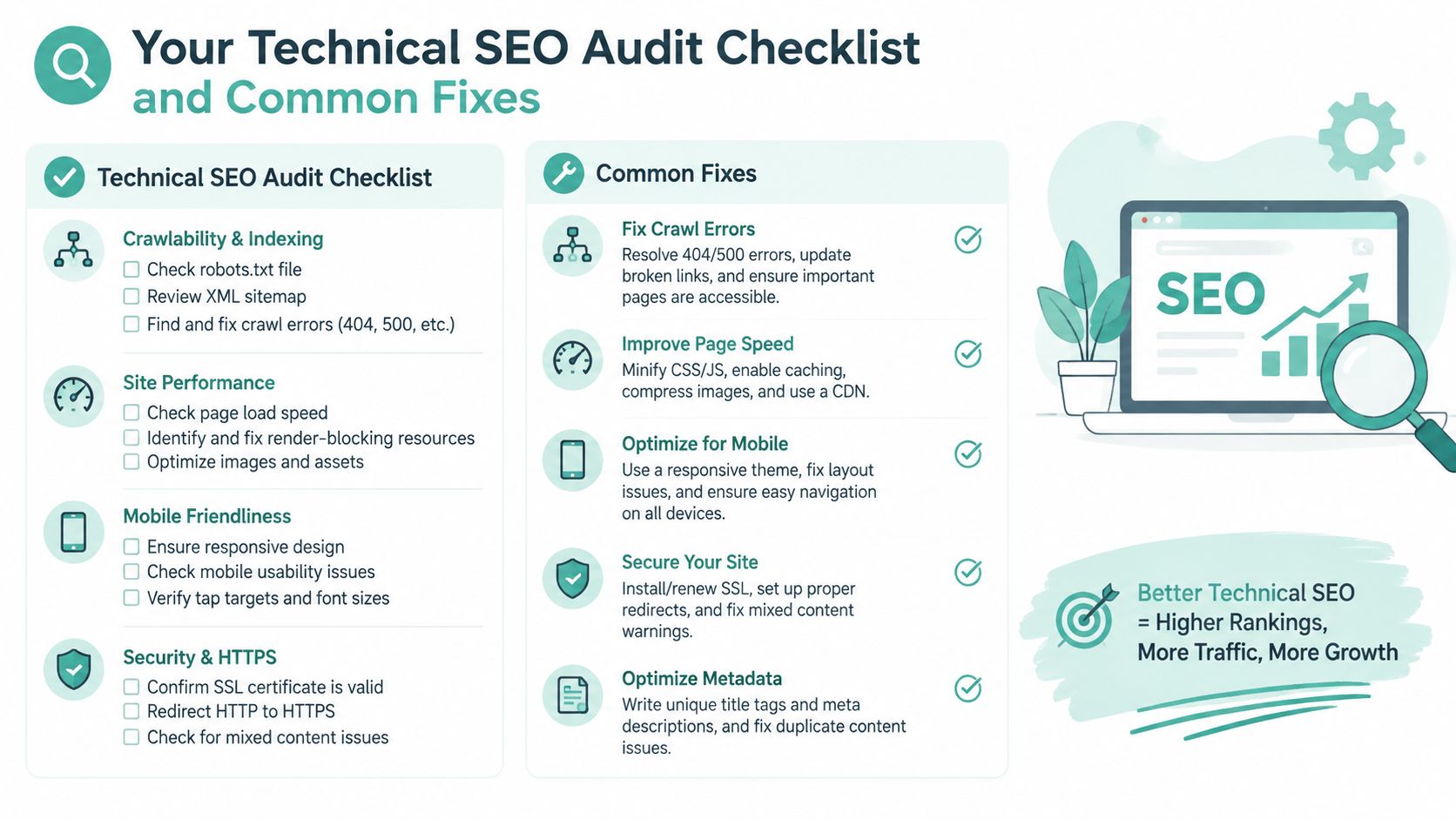 An infographic titled Technical SEO Audit Checklist outlining key steps for website performance, mobile optimization, and security.