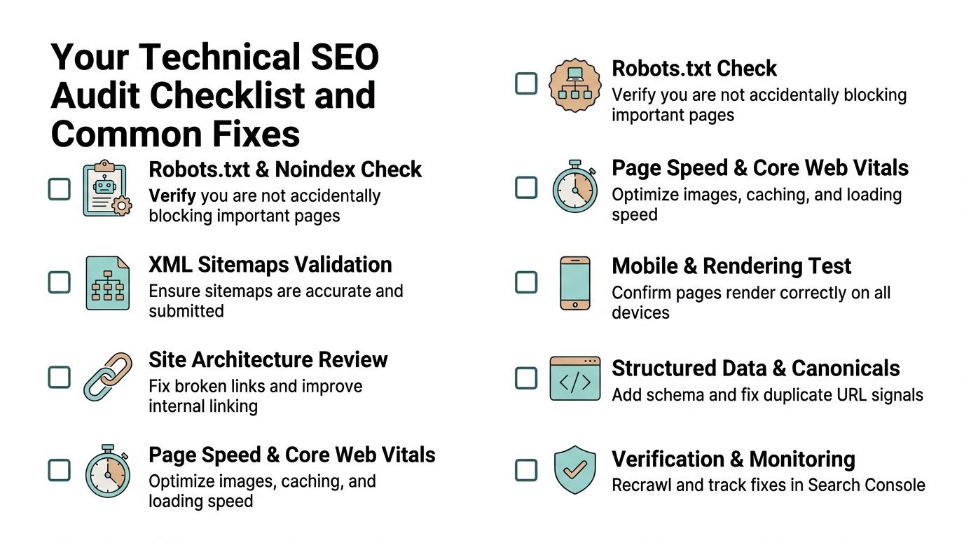 A checklist infographic titled Technical SEO Audit Checklist and Common Fixes for website optimization tasks.