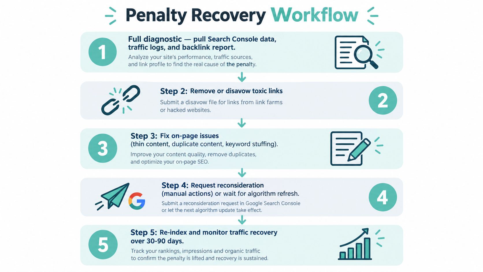 An infographic detailing a five-step professional workflow for recovering a website from a Google search penalty.